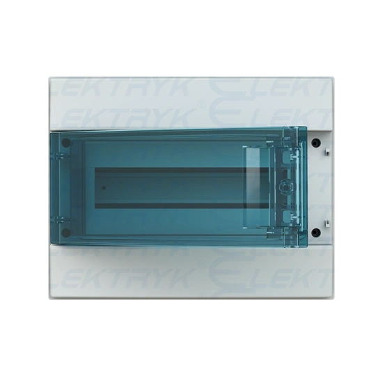 65P12X12A obudowa szara n/t, 12M, IP65, 63A, II klasa, 250x320x155mm (WxSxG) | szyny DIN | drzwi transparentne | N+PE śrubowe