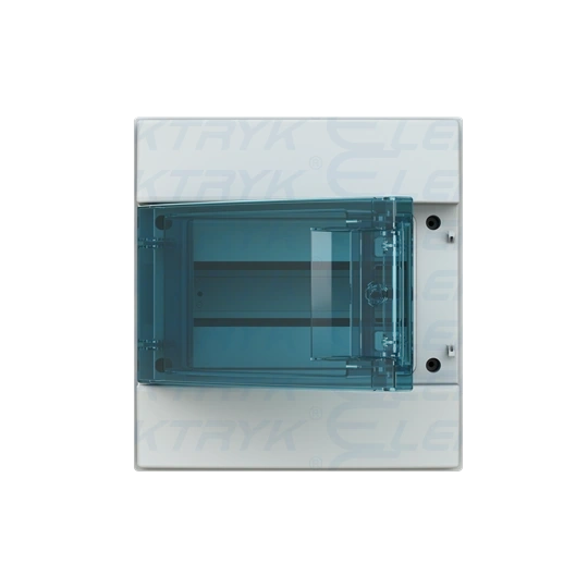 65P08X12A obudowa szara n/t, 8M, IP65, 63A, II klasa, 250x232x155mm (WxSxG) | szyny DIN | drzwi transparentne | N+PE śrubowe