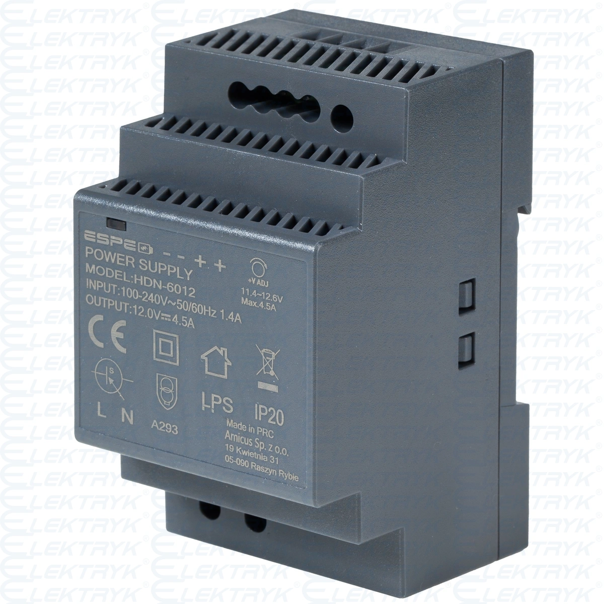 Zasilacz na szynę DIN 12V 5,4A 54W ESPE | HDN-6012