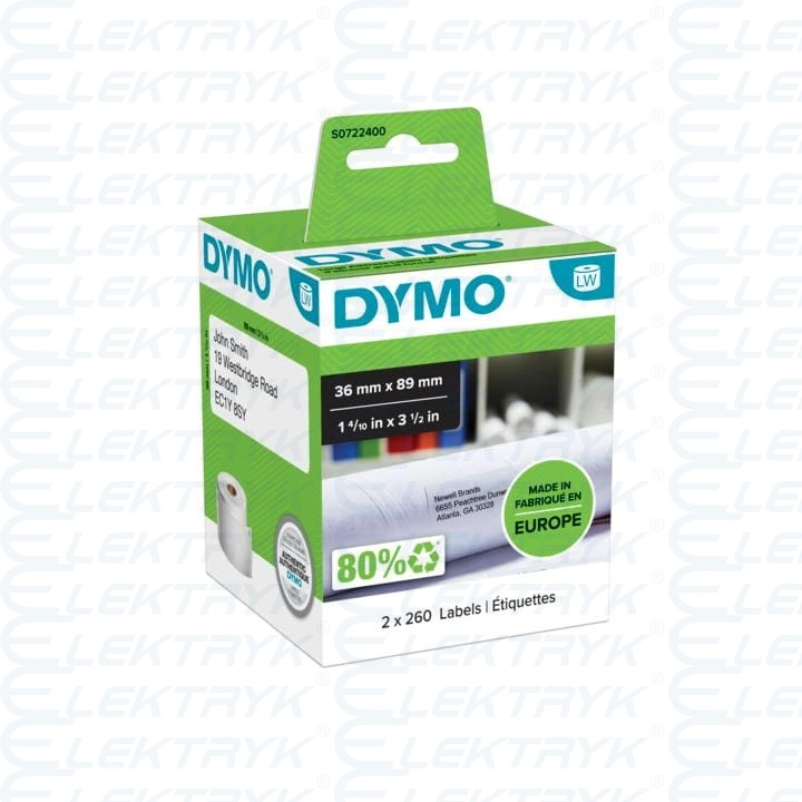 TAŚMA DYMO ETYKIETA PAPIEROWA 89mm x 36mm biały 260szt/2rolki nr.kat. 99012