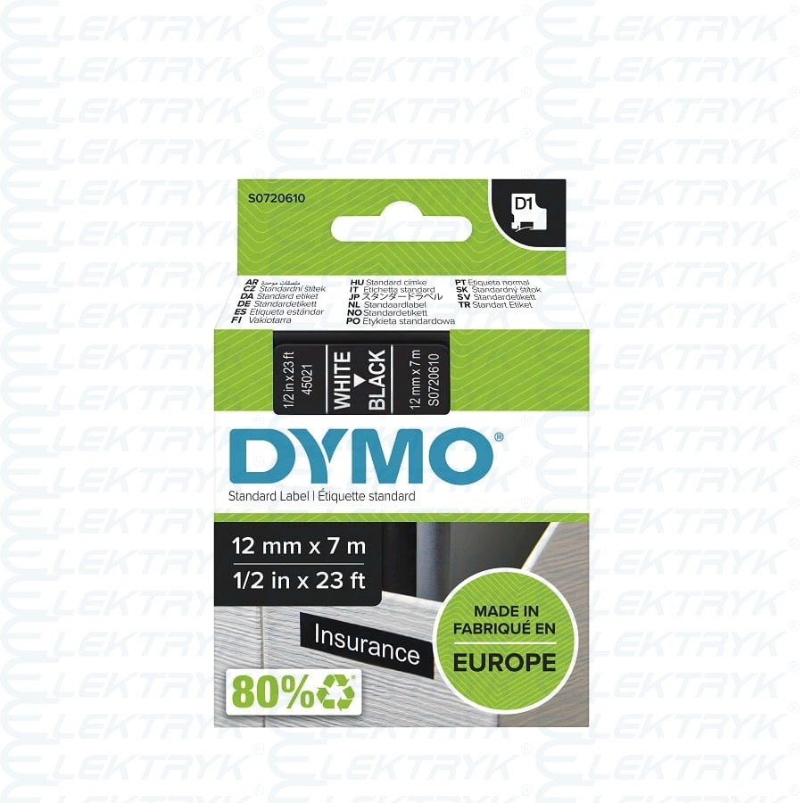 TAŚMA DYMO D1 12mm x 7m BIAŁY / CZARNY nr.kat. 45021
