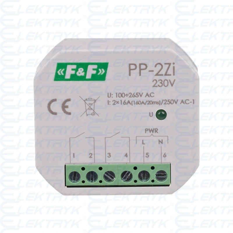 PP-2ZI-230V Przekaźnik elektromagnetyczny, 2Z 16A, montaż podtynkowy, U=100-265V AC,styk:2Z 16A (160A/20ms)