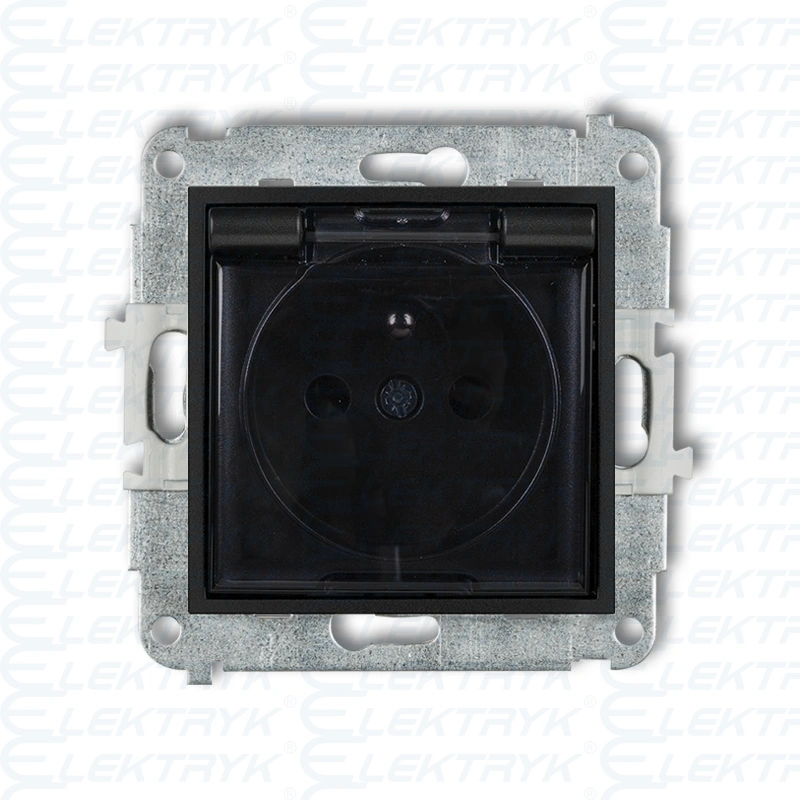 MINI czarny mat Mechanizm gniazda bryzgoszczelnego z uziemieniem 2P+Z (klapka dymna, przesłony torów prądowych)