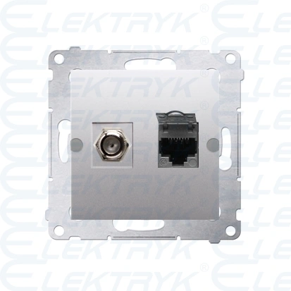 Gniazdo antenowe typu „F” + komputerowe RJ45 kat.6, srebrny mat, metalizowany