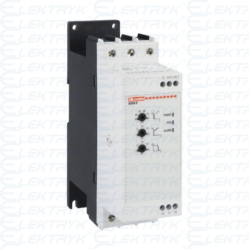 ADXNB025 Softstart typu ADXNB, 11kW (400V), wersja podstawowa, wbudowanyprzekaźnik bypass. Zasilanie pomocnicze 100...240VAC. Znamionowe napięciepracy