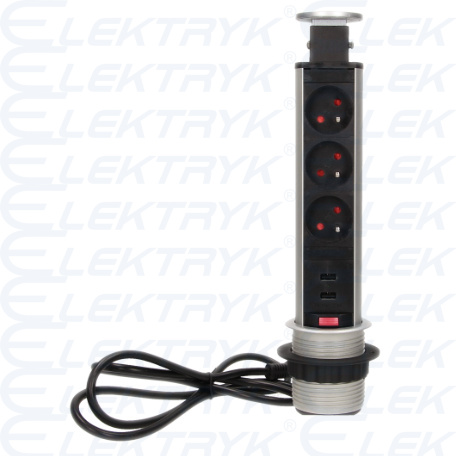 Gniazdo meblowe Ø6cm wysuwane z blatu z ładowarką USB, blokadą i przewodem 1,8m, 3x2P+Z