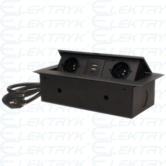 Gniazda wpuszczane w blat z płaskim frezowanym rantem, ładowarką USB i przewodem 1,5m, 2x2P+Z, 2xUSB, czarne