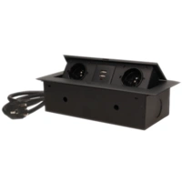 Gniazda wpuszczane w blat z płaskim frezowanym rantem, ładowarką USB i przewodem 1,5m, 2x2P+Z, 2xUSB, czarne