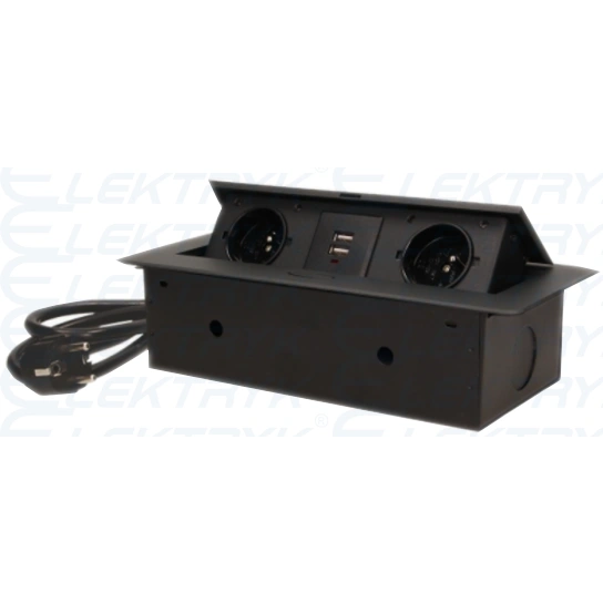 Gniazda wpuszczane w blat z płaskim frezowanym rantem, ładowarką USB i przewodem 1,5m, 2x2P+Z, 2xUSB, czarne