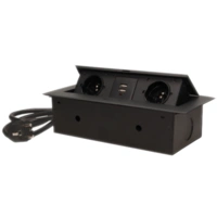 Gniazda wpuszczane w blat z płaskim frezowanym rantem, ładowarką USB i przewodem 1,5m, 2x2P+Z, 2xUSB, czarne