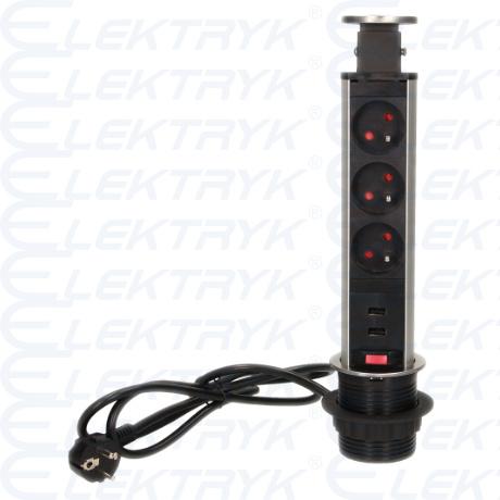 Gniazdo meblowe Ø6cm wysuwane z blatu z ładowarką USB, blokadą i przewodem 1,8m, 3x2P+Z, 2xUSB, INOX