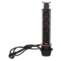 Gniazdo meblowe Ø6cm wysuwane z blatu z ładowarką USB, blokadą i przewodem 1,8m, 3x2P+Z, 2xUSB, INOX