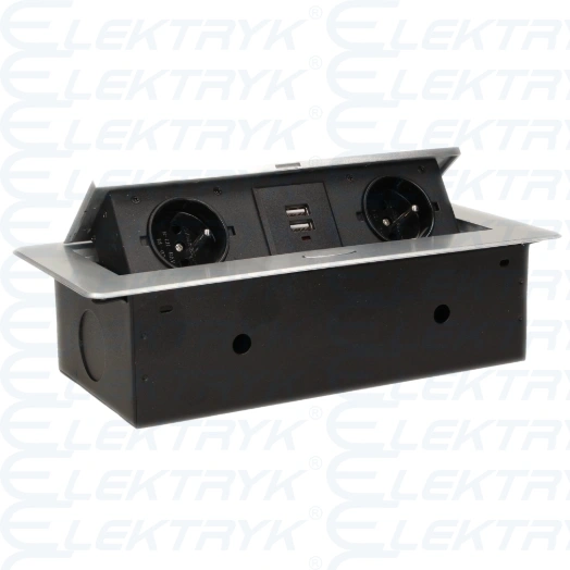 Gniazda wpuszczane w blat z płaskim frezowanym rantem i ładowarką USB, 2x2P+Z, 2xUSB, srebrny