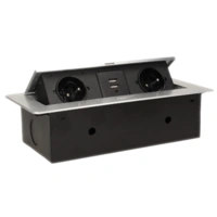 Gniazda wpuszczane w blat z płaskim frezowanym rantem i ładowarką USB, 2x2P+Z, 2xUSB, srebrny