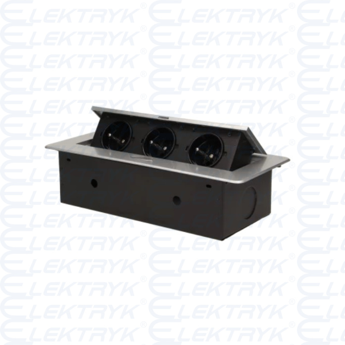 Gniazda wpuszczane w blat z płaskim frezowanym rantem,  3x2P+Z, srebrne