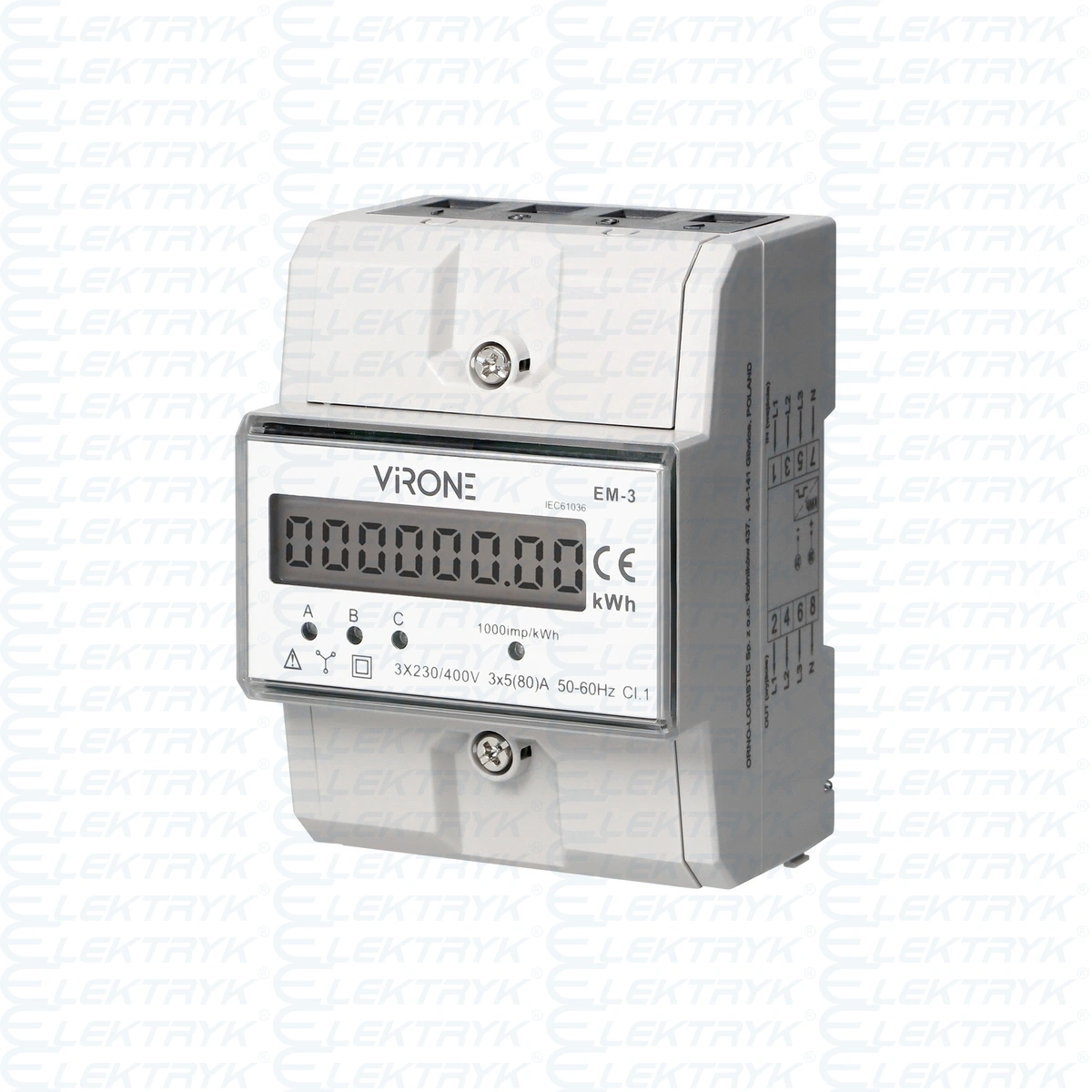 Licznik 3-fazowy wskaźnik zużycia energii elektrycznej, 80A, 3 moduły, DIN TH-35mm (or-we)
