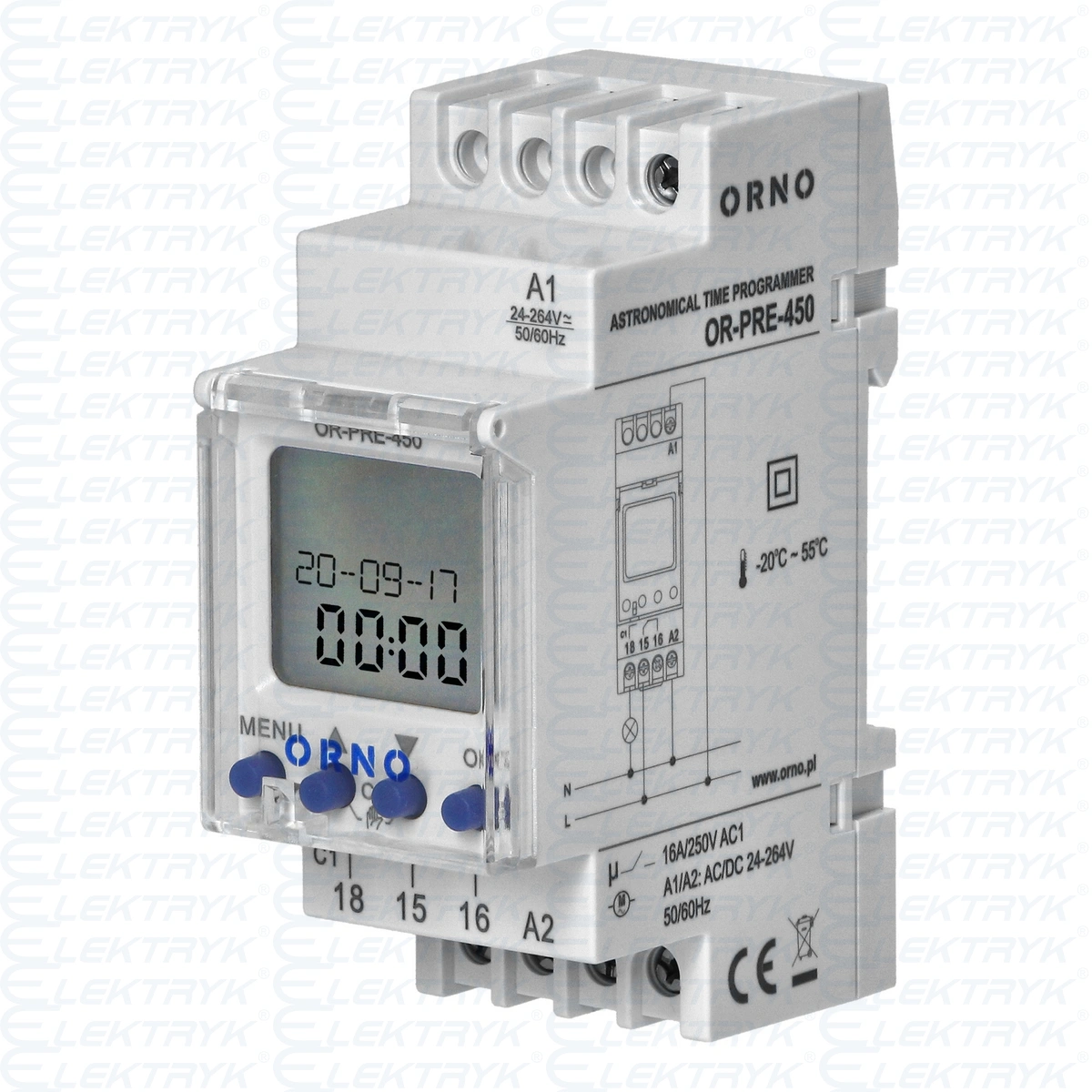 Elektroniczny programator czasowy astronomiczny, 52 programy, 3 języki menu, 1 wyjście przekaźnikowe max.16A/230V, szerokość 2 moduły, DIN TH-35mm