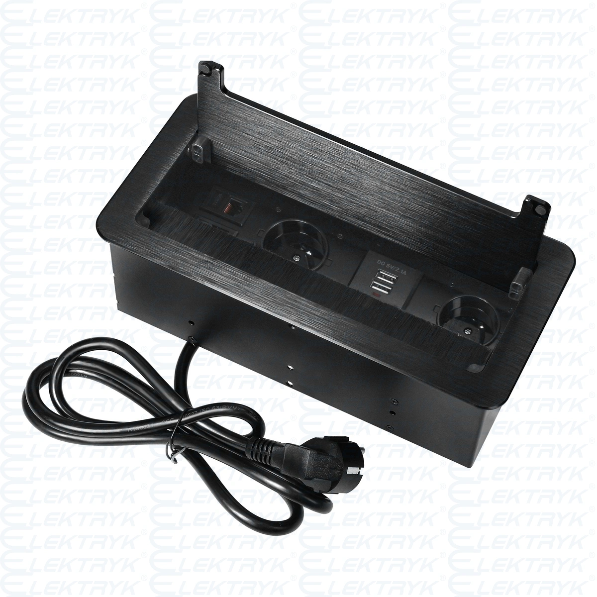 Gniazdo meblowe wpuszczane w blat z płaskim frezowanym rantem, szczotką przeciwkurzową, ładowarką USB i przewodem 1,5m, 2x2P+Z, 2xUSB, 2xNET, czarne