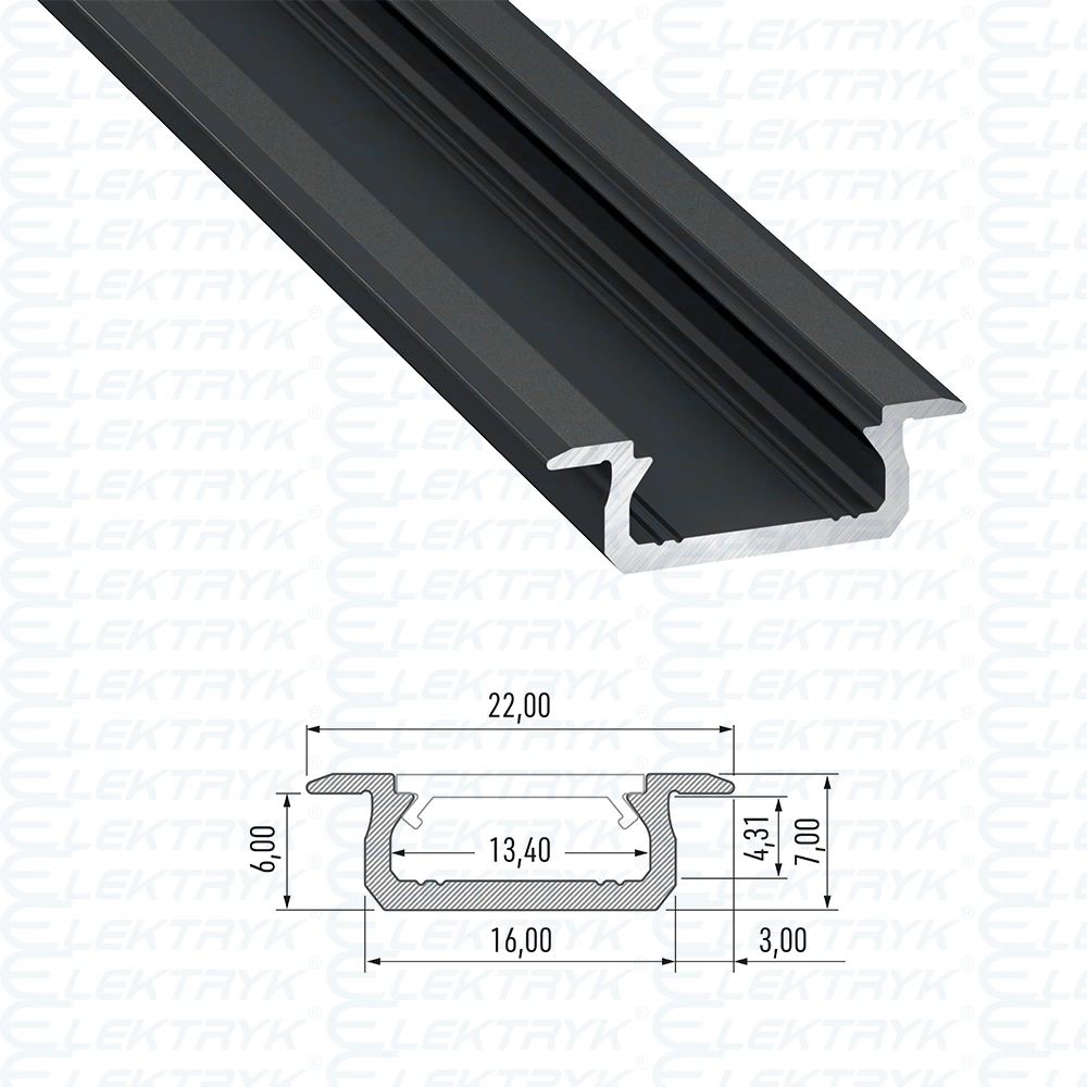 Profil LED Podtynkowy B (płytki), długość 202cm, aluminiowy, czarny anodowany PL-PTB-202-CA