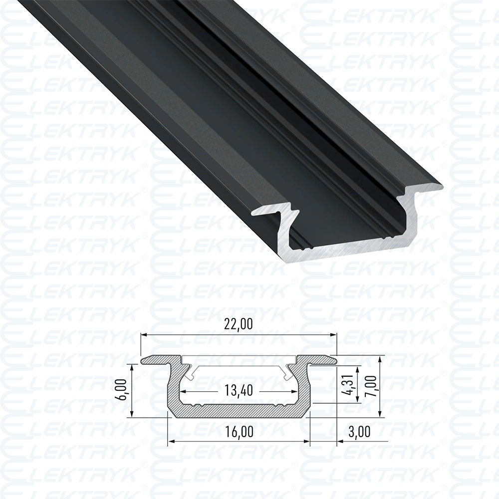 Profil LED Podtynkowy B (płytki), długość 202cm, aluminiowy, czarny anodowany PL-PTB-202-CA