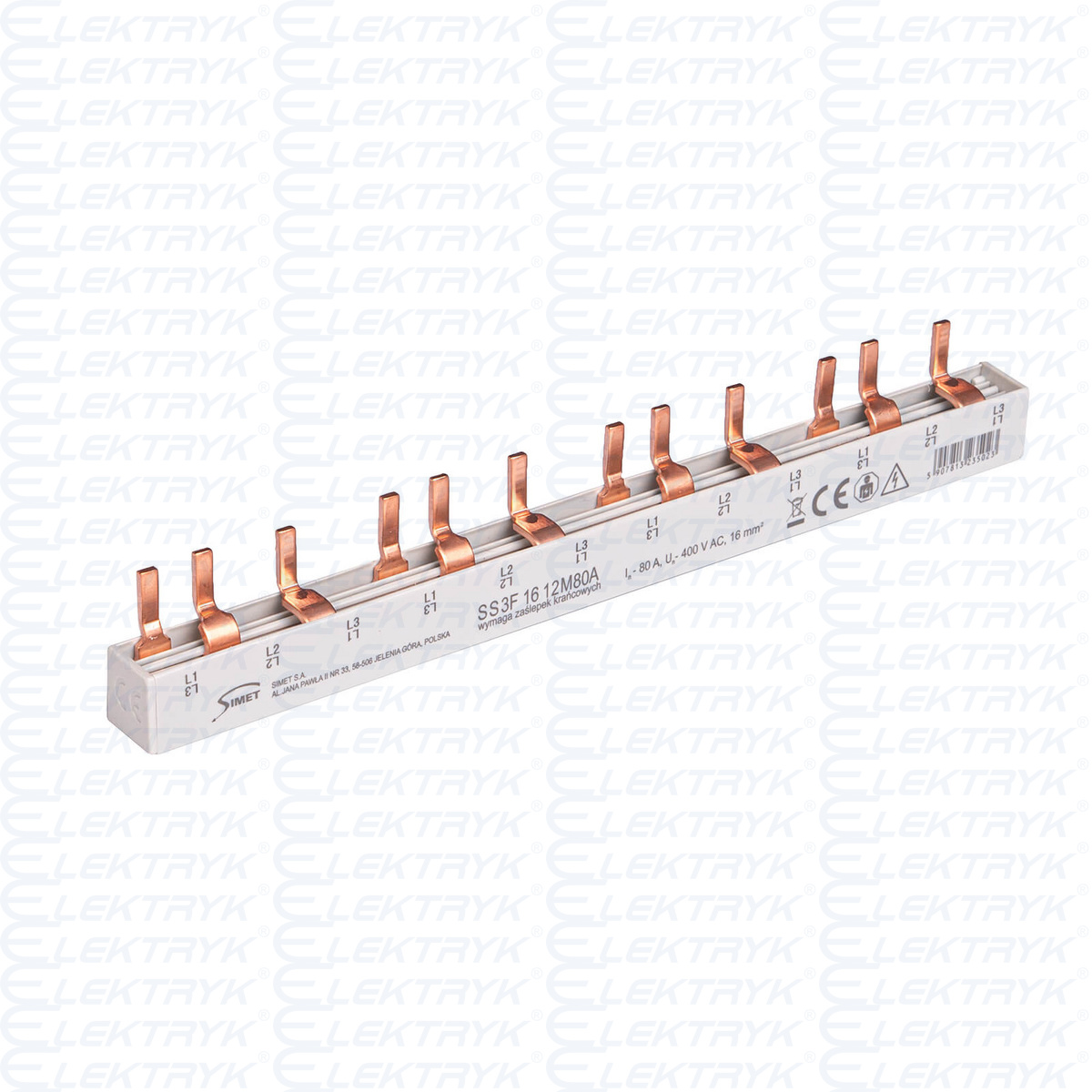 SS3F 16 12M80A Szyna prądowa łączeniowa - sztyftowa 3-fazowa, 80A, 12 mod., Przekrój 16mm²