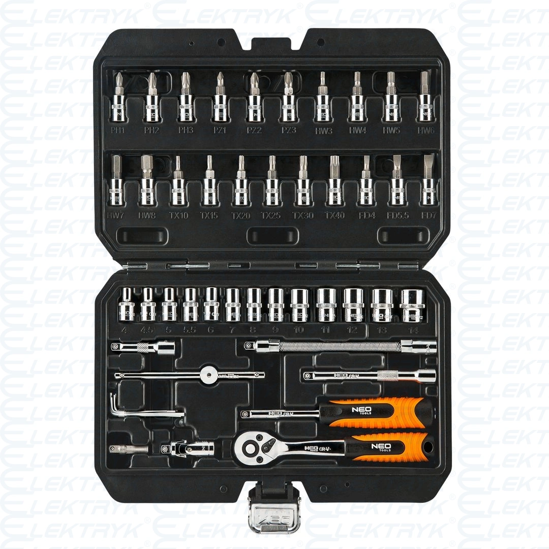 Klucze nasadowe 1/4", zestaw 46 szt., CrV